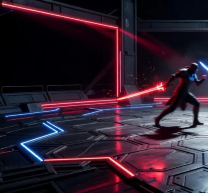 Ciemna, futurystyczna arena walki z neonowymi światłami i iskrzącymi mieczami